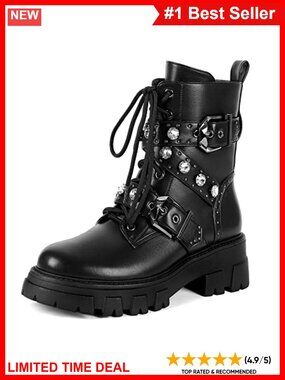 Women's Combat Boots with Chains Buckle Straps Lace-Up Side Zipper Chunky Lug